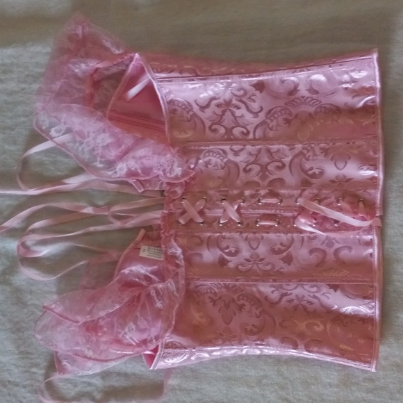 Over-Bust Corset Boning Waist Trainer Pink Satin Bustier XL Ribbon Tie Back - Picture 2 of 8
